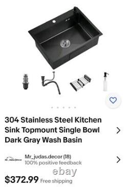 304 Stainless Steel Kitchen Sink Topmount Single Bowl Matte Black Wash Basin