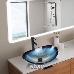Bathroom Basin Clear Vessel Sink Glass Wash Bowl Faucet Pop UP Drain Combo Blue