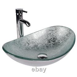 Bathroom Basin Vessel Sink Tempered Glass Wash Bowl Chrome Faucet Pop up Drain