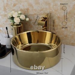 Bathroom Ceramic Basin Bowl Vanity Vessel Sink Mixer Golden Brass Faucet Drain