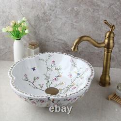 Bathroom Ceramic Wash Basin Vessel Sink Antique Brass Mixer Faucet/Drain Set