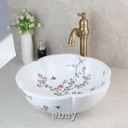 Bathroom Ceramic Wash Basin Vessel Sink Antique Brass Mixer Faucet/Drain Set