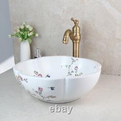 Bathroom Ceramic Wash Basin Vessel Sink Antique Brass Mixer Faucet/Drain Set