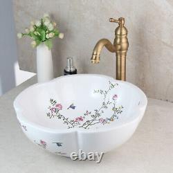 Bathroom Ceramic Wash Basin Vessel Sink Antique Brass Mixer Faucet/Drain Set