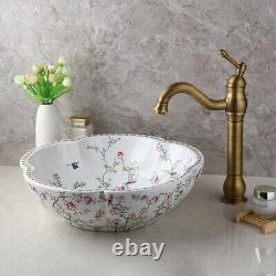 Bathroom Ceramic Wash Basin Vessel Sink Antique Brass Mixer Faucet/Drain Set