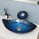 Bathroom Oval Blue Leaf Glass Wash Basin Vessel Sinks Waterfall Faucet Drain