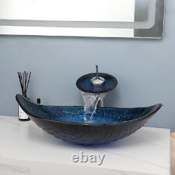 Bathroom Oval Blue Leaf Glass Wash Basin Vessel Sinks Waterfall Faucet Drain