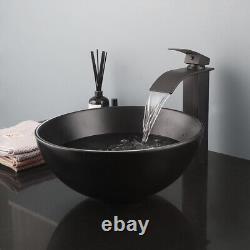 Bathroom Vessel Sink Round Ceramic Washing Bowl Deck Mounted Black Drain Faucet