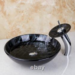 Black Bathroom Wash Basin Bowl Vessel Sink Combo Waterfall Mixer Tap Waste Drain