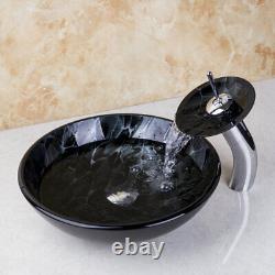 Black Bathroom Wash Basin Bowl Vessel Sink Combo Waterfall Mixer Tap Waste Drain