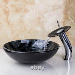 Black Bathroom Wash Basin Bowl Vessel Sink Combo Waterfall Mixer Tap Waste Drain