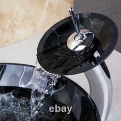 Black Bathroom Wash Basin Bowl Vessel Sink Combo Waterfall Mixer Tap Waste Drain