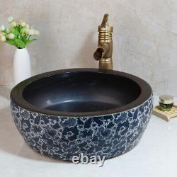 Black Round Ceramic Wash Basin Bowl Sink Antique Brass Mixer Faucet Tap Set