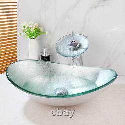 Blue Bathroom Tempered Art Glass Sink Wash Basin Washroom Chrome Taps Set