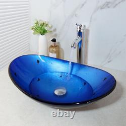 Blue Oval Bathroom Vessel Sink Deck Mount Tempered Glass Basin Washing Bowl Tap