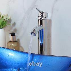 Blue Oval Bathroom Vessel Sink Deck Mount Tempered Glass Basin Washing Bowl Tap