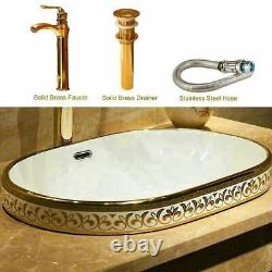 Ceramic Bathroom Sink With Overflow Wash Basin Mosaic Gold Oval Semi-counter