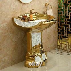 Ceramic Bathroom Sink With Stand Pedestal Elegant Luxury Mosaic Gold Wash Basin