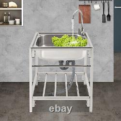 Commercial Single Bowl Stainless Steel Hand Wash Sink Basin Freestanding &Faucet