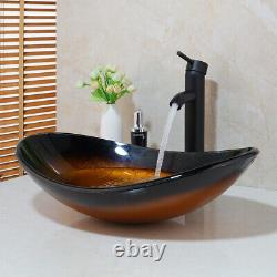 FA Black Bathroom Oval Glass Vessel Sinks Wash Basin Combo Mixer Tap Drain Set