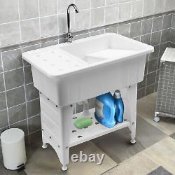 Freestanding Utility Sink Laundry Tub Sink Wash Station with Faucet -White