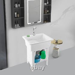 Freestanding Utility Sink Laundry Tub Wash Bowl Basin & Hot &Cold Faucet Drain