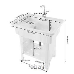 Freestanding Utility Sink Laundry Tub Washboard Wash Bowl Basin Hot &Cold Faucet