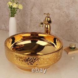 Gold Bathroom Round Vessel Sink Ceramic Washing Basin Bowl With Mixer Tap Drain