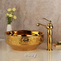 Gold Bathroom Round Vessel Sink Ceramic Washing Basin Bowl With Mixer Tap Drain