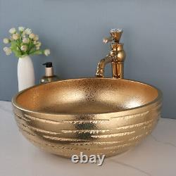 Golden Bathroom Vessel Sink Ceramic Round Washing Bowl Swivel Spout Mixer Tap