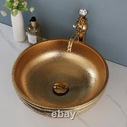Golden Bathroom Vessel Sink Ceramic Round Washing Bowl Swivel Spout Mixer Tap