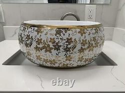 Golden Floral Ceramic Countertop Wash Basin Sink Elegant Bathroom Vanity Bowl