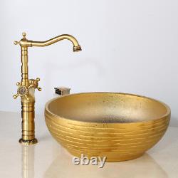 Golden Round Ceramic Wash Basin Bowl Sink Antique Brass Mixer High Faucet Taps