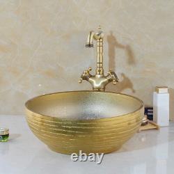 Golden Round Ceramic Wash Basin Bowl Sink Antique Brass Mixer High Faucet Taps