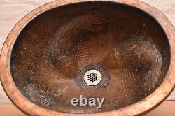 Hand Hammered Patina Rustic Pure copper sink Wash Basin Lavatory Koi Fish 18