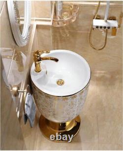 Mosaic Design Cup Wash Basin Round Pedestal Ceramic Bathroom Sink with Stand 1Pc
