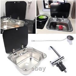 NEW RV Caravan Camper Sink Stainless Steel Hand Wash Basin + Glass Lid & Faucet