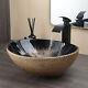 Oval Bathroom Sink Ceramic Washing Basin Black Waterfall Mixer Deck Mounted Taps