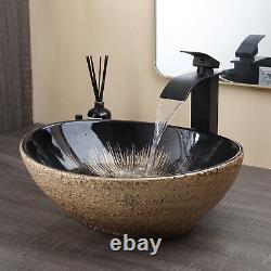 Oval Bathroom Sink Ceramic Washing Basin Black Waterfall Mixer Deck Mounted Taps