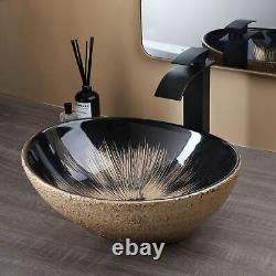 Oval Bathroom Sink Ceramic Washing Basin Black Waterfall Mixer Deck Mounted Taps