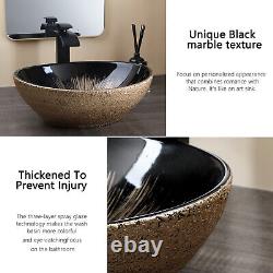 Oval Bathroom Sink Ceramic Washing Basin Black Waterfall Mixer Deck Mounted Taps