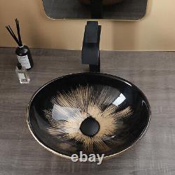 Oval Bathroom Sink Ceramic Washing Basin Black Waterfall Mixer Deck Mounted Taps