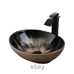 Oval Bathroom Sink Ceramic Washing Basin Black Waterfall Mixer Deck Mounted Taps