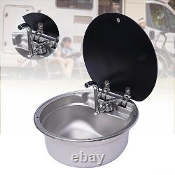 RV Caravan Camper Kitchen Hand Wash Basin Sink Round With Lid & Faucet Stainless