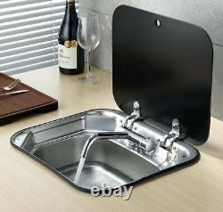 RV Caravan Camper Sink Stainless Steel Hand Wash Basin & Glass Lid & Faucet