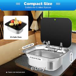 RV Caravan Camper Sink Stainless Steel Hand Wash Basin & Glass Lid & Faucet