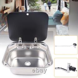 RV Caravan Camper Sink Stainless Steel Hand Wash Basin & Glass Lid & Faucet