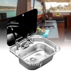 RV Caravan Camper Sink Stainless Steel Hand Wash Basin & Glass Lid & Faucet