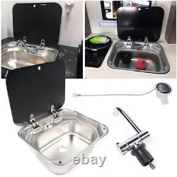 RV Caravan Camper Sink Stainless Steel Hand Wash Basin & Glass Lid & Faucet