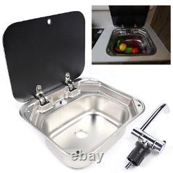 RV Caravan Camper Sink Stainless Steel Hand Wash Basin & Glass Lid & Faucet